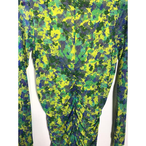 GANNI Ruched Mesh Dress Sulphur Spring Green Yellow Floral Midi 38 Wedding Guest - Picture 8 of 14